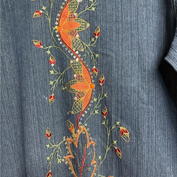 Embellished Blue and Orange Denim Maxi Dress with V-Neck and Long Sleeves - Picture 3 of 7